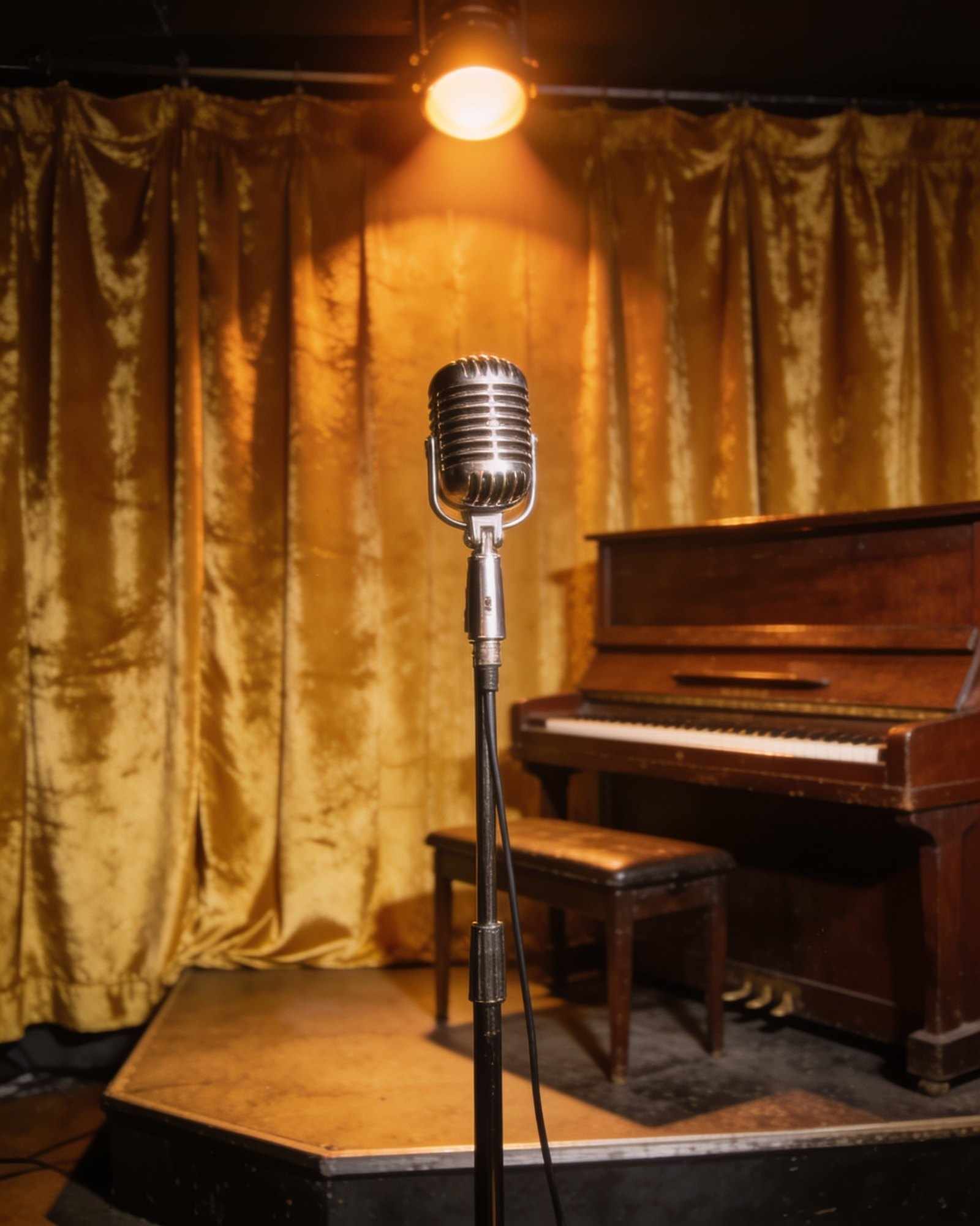 A vintage microphone and an upright piano under a single warm spotlight, a gold velvet curtain behind