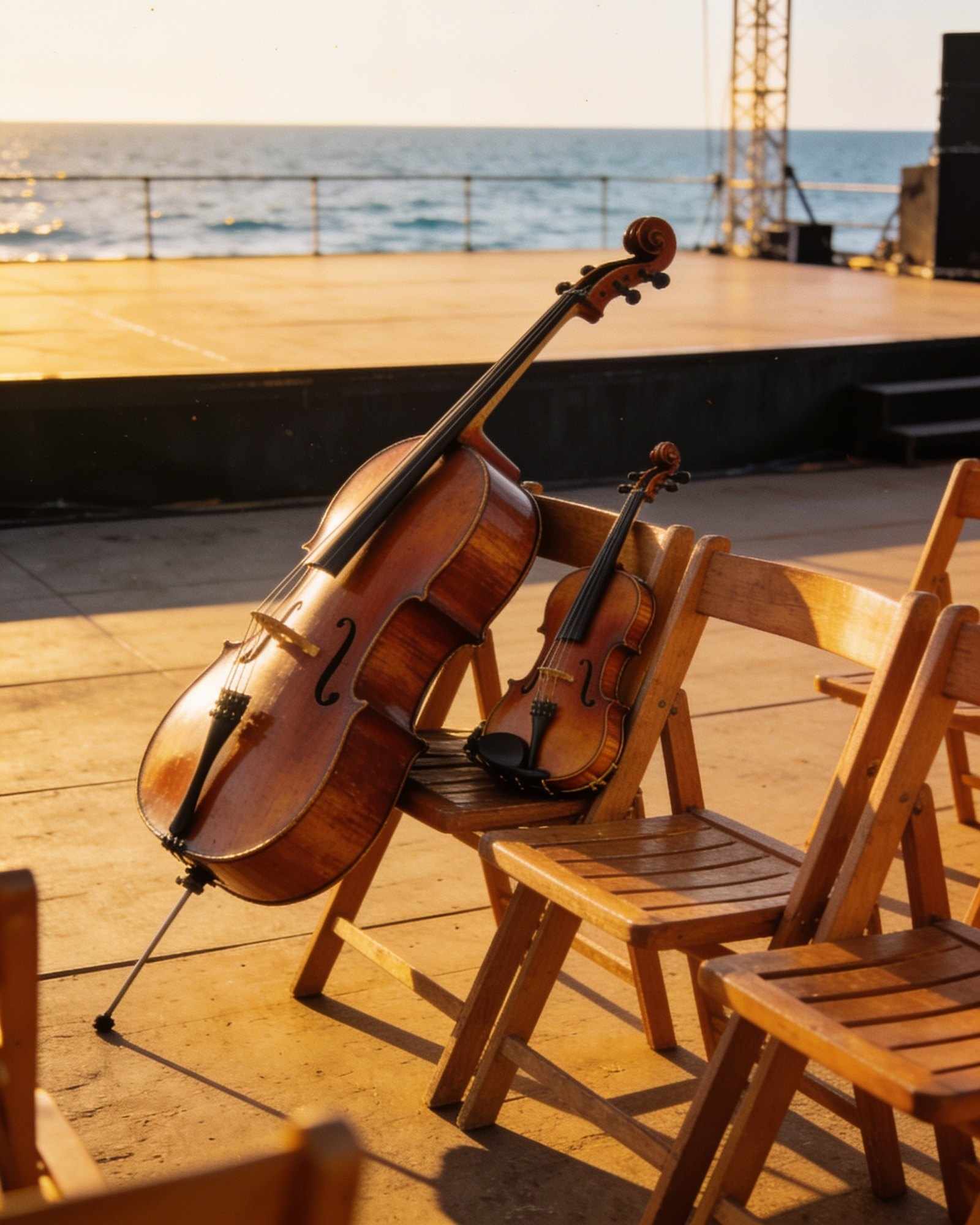 A cello and a violin resting on chairs on an empty stage at golden hour, the sea visible behind