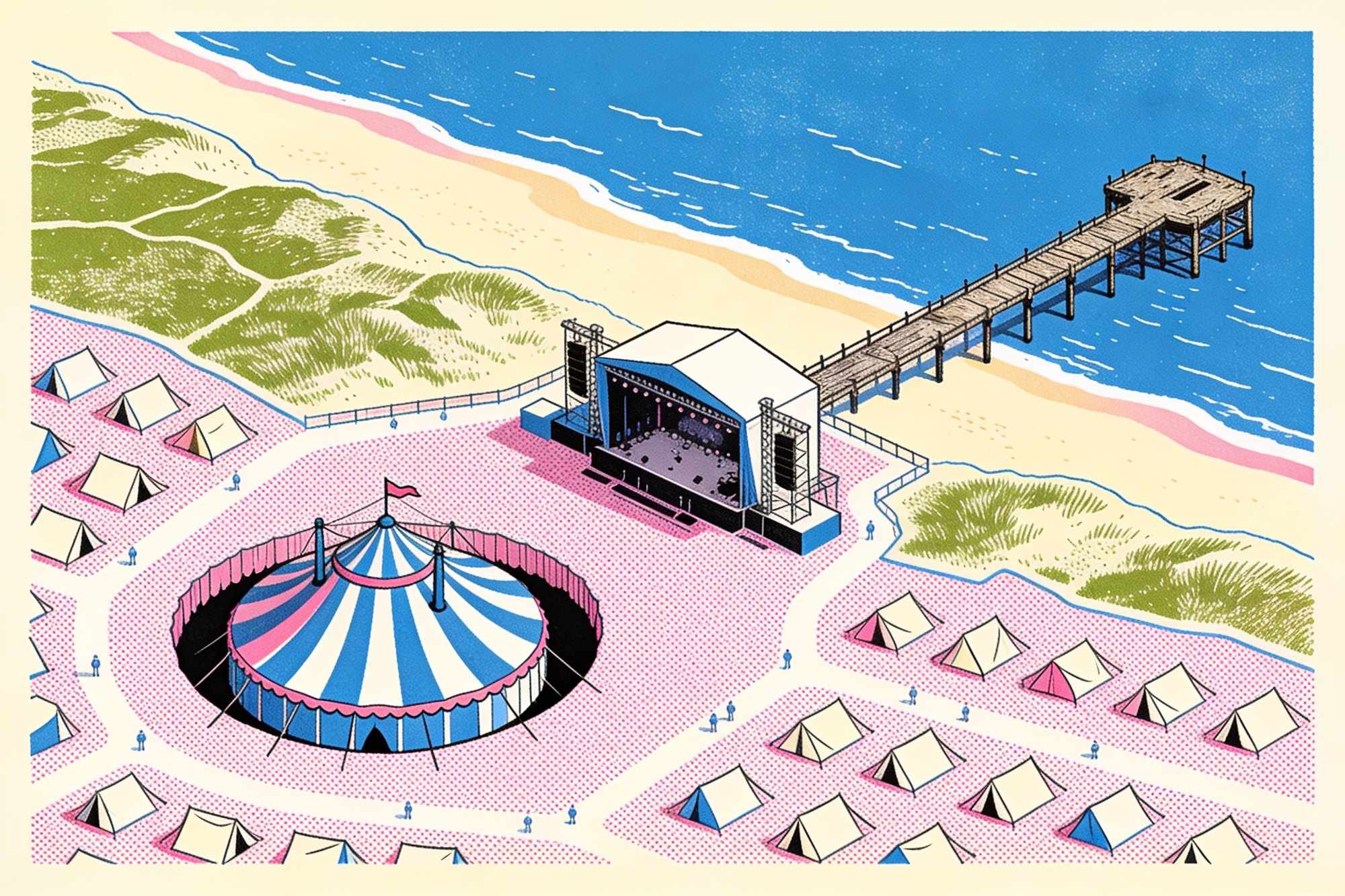 A printed map of the festival site: dunes, the main stage by the sea, the dune tent, the jetty and the campsite behind them