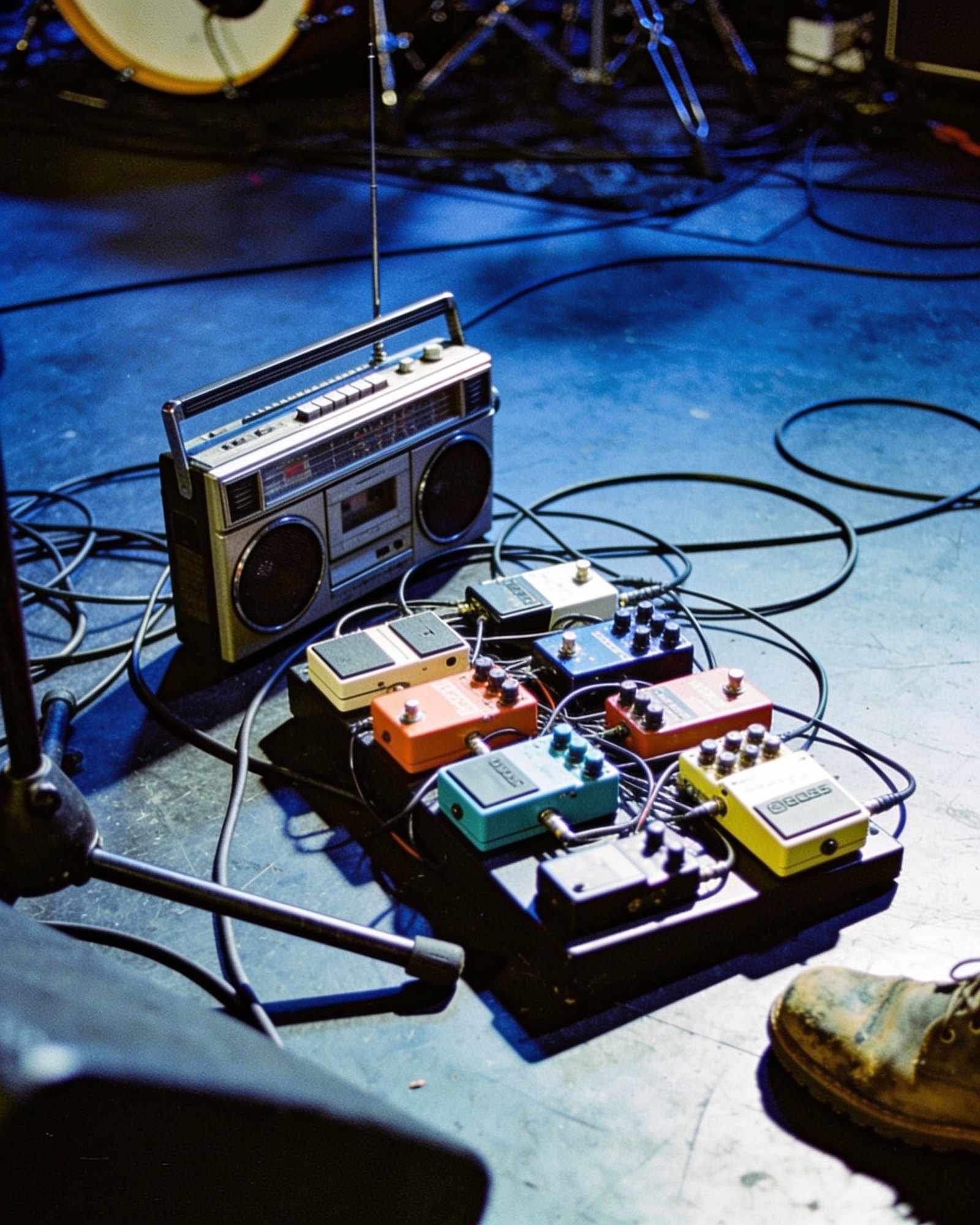 An old radio and a row of colorful guitar pedals on a stage floor lit in deep blue, a worn boot at the edge