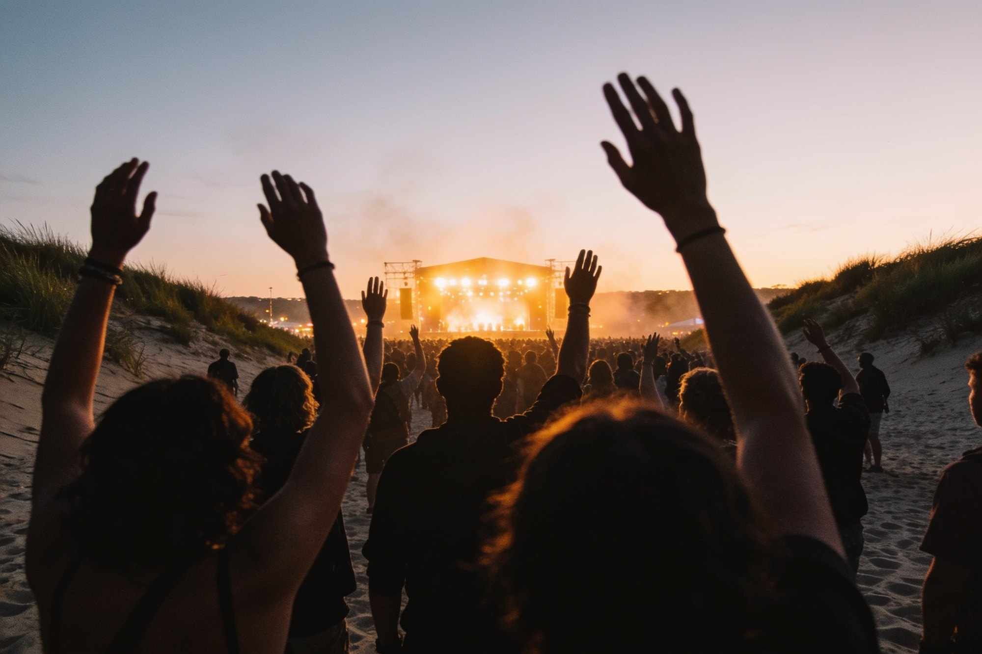 A crowd seen from behind at dusk, arms raised towards a stage lit in warm light, with dunes and a pale sky beyond